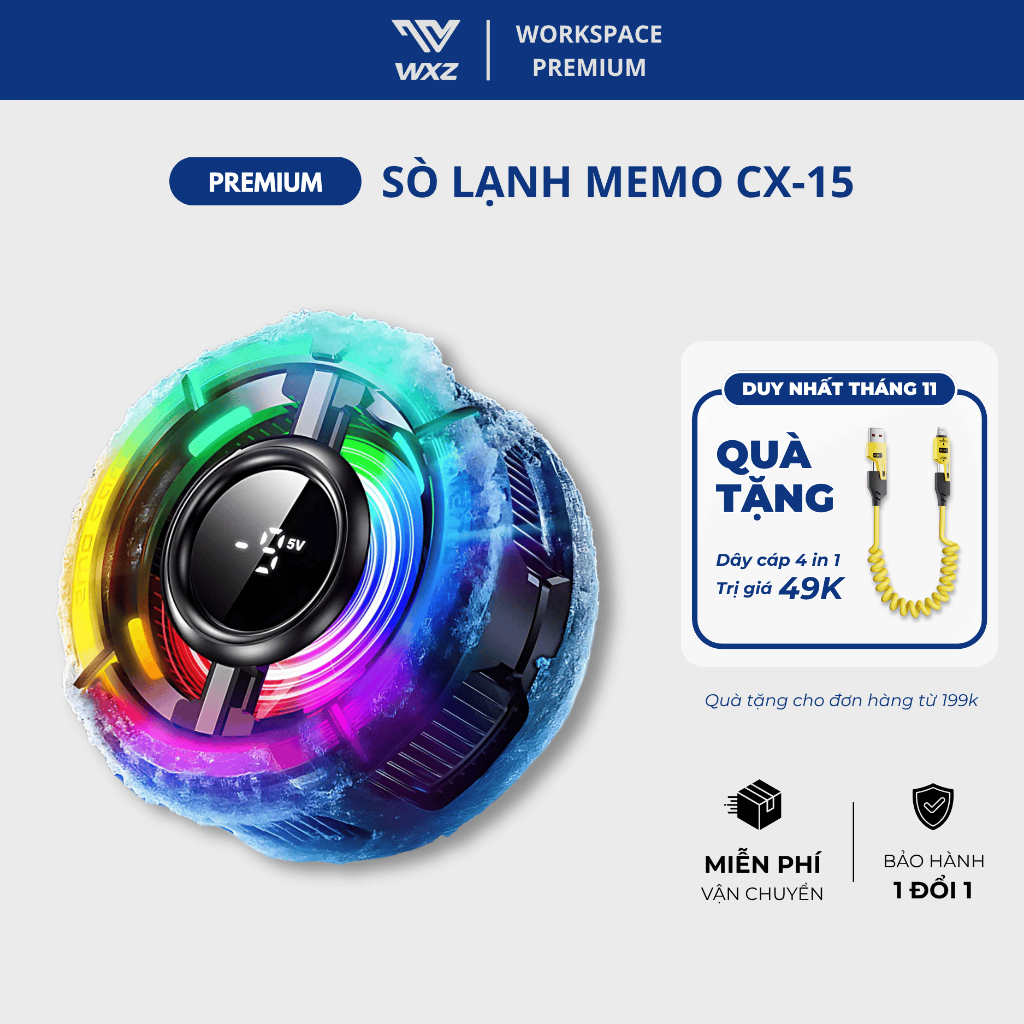 Quạt Tản Nhiệt Điện Thoại MEMO CX15 Pro AI, Làm Mát Tự Động Bằng AI, Sò Lạnh Thế Hệ Mới, Đèn LED RGB