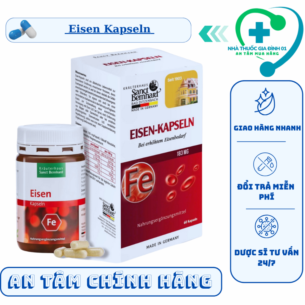 [CHÍNH HÃNG] Viên Uống Sắt Hữu Cơ Cho Bà Bầu Sanct Bernhard Eisen Kapseln Hỗ Trợ Giảm Nguy Cơ Thiếu 
