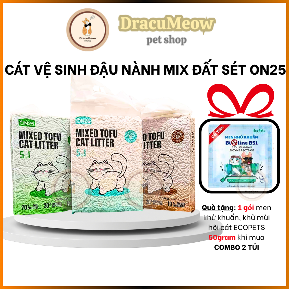 Cát vệ sinh ON25 MIXED TOFU 5in1 cho mèo đậu nành mix khoáng sét 2,5kg (Catson/Cat's On) khử mùi