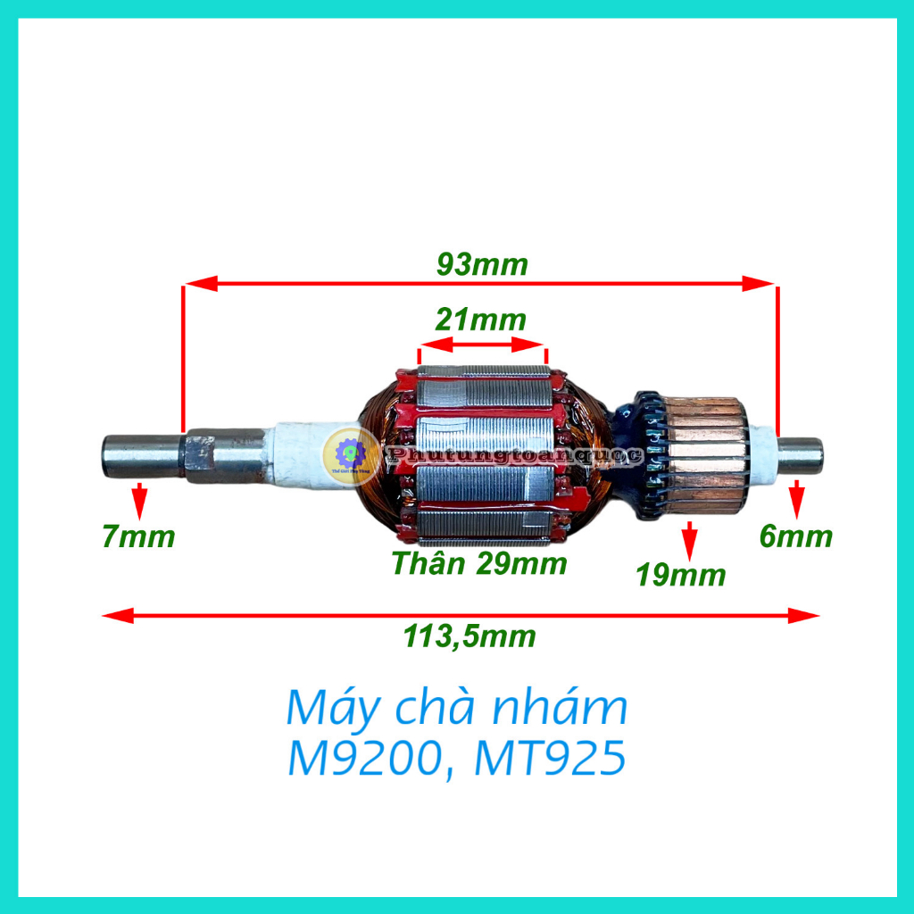Rotor (Ruột) Máy Chà Nhám Vuông Makita M9200, Maktec MT925 Dùng Chung | Thân 29mm, Dài Tổng 113,5mm 