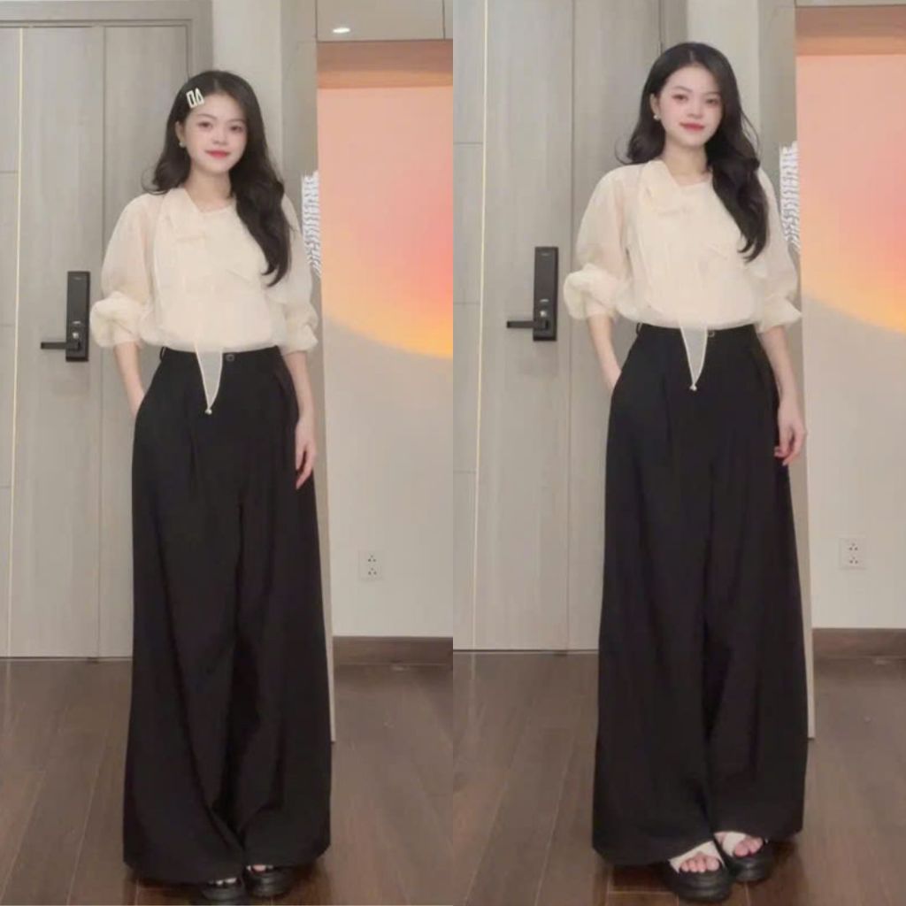 Quần ống rộng chất gold dáng suông xếp ly ống rộng Glossy Wide Leg Pleated Pants  38cm dài phủ chân 