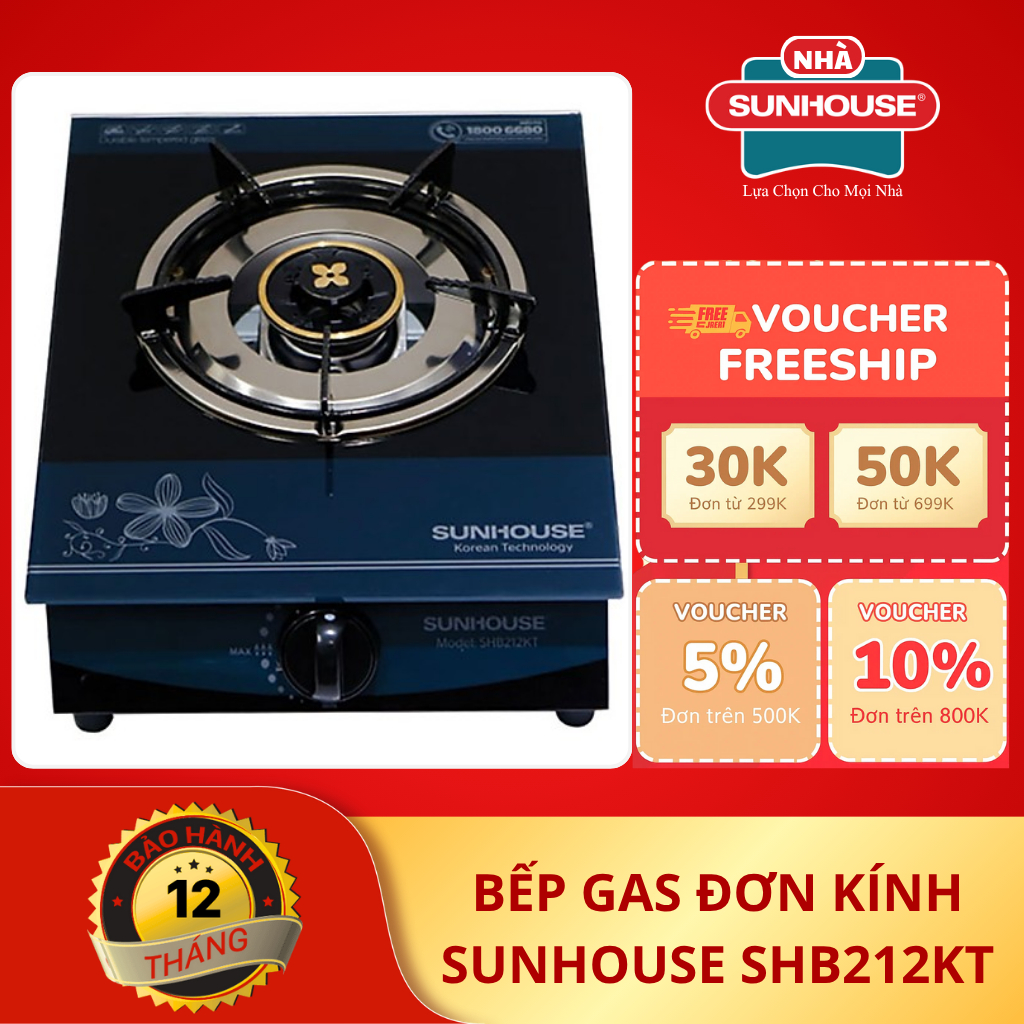 Bếp ga dương đơn SUNHOUSE SHB212KT, mặt kính, dùng bình ga to, tiết kiệm ga - Chính hãng