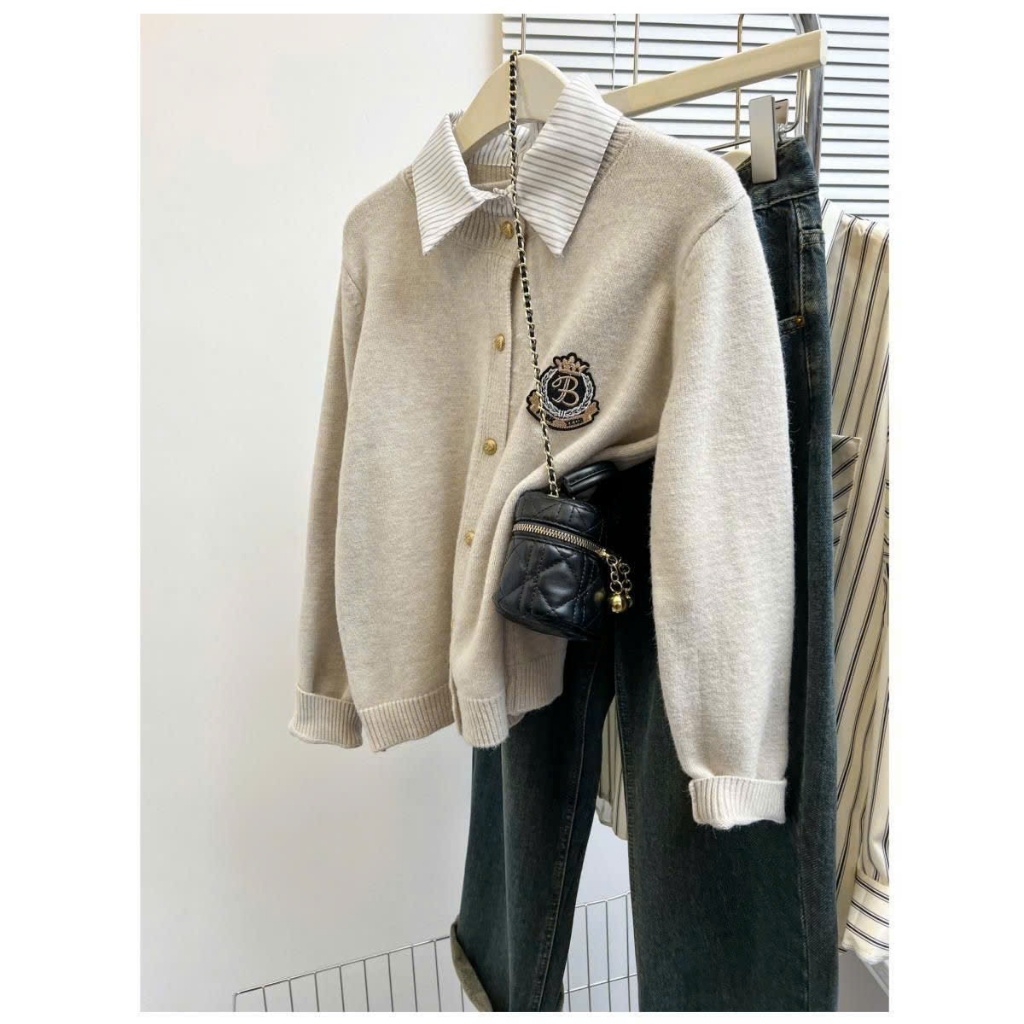 Áo len cardigan phối layer cổ sơ mi giả dáng suông tay dài bo gấu nhẹ nhàng thanh lịch học đường AB1
