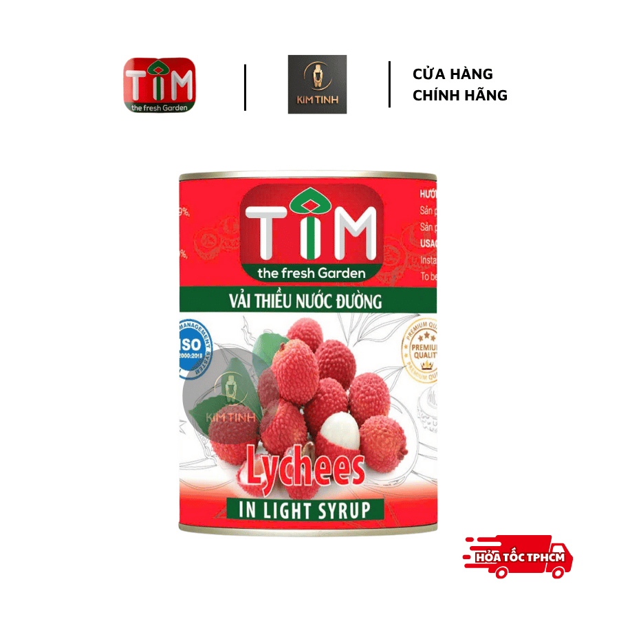 Vải Thiều Ngâm Đường Đóng Lon TIM 560gr [Chính Hãng] | Vải Tim | Vải Nif | Topping Vải
