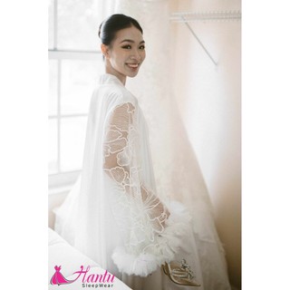 Áo choàng cô dâu ren thiết kế ,Set áo choàng kèm váy lụa tay lưới 3D phối hoa Hantu Sleepwear quay chụp phóng sự cưới