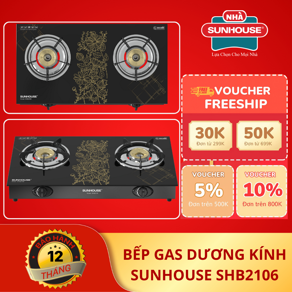 Bếp ga đôi mặt kính SUNHOUSE SHB2106, kiềng 5 chân vững chắc, tiết kiệm ga - Bảo hành 1 năm