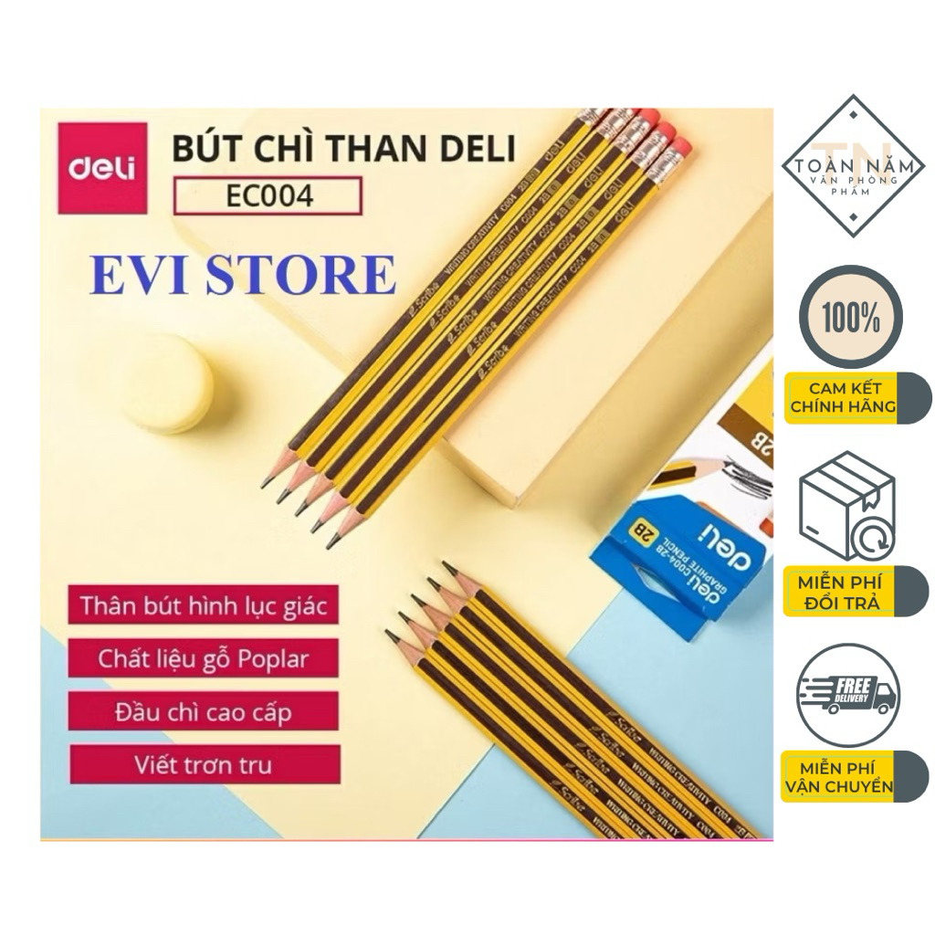Hộp 12 bút chì 2B:HB Deli C004/Viết chì có đầu tẩy C004-2B/C004-HB