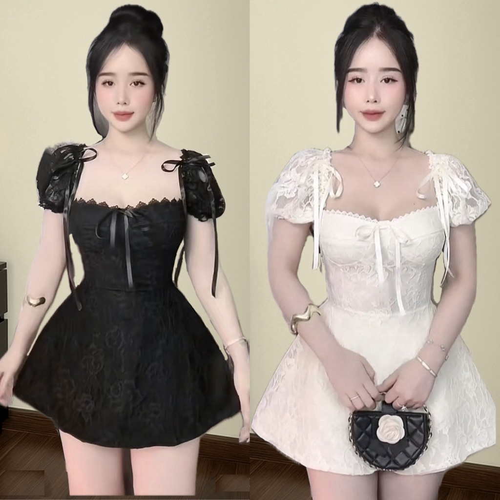 Đầm Thiết Kế Ren Tay Cộc Nơ Cúp Ngực Form A Ngắn Sang Trọng Kieupham.shop