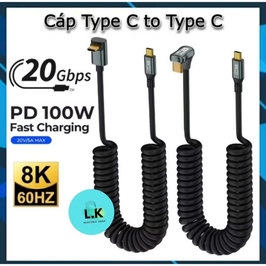 [ 20Gbps ] Dây Cáp Lò Xo Sạc Nhanh PD 100W USB Type C 3.2 20Gbps 8K 60Hz 4K 120hz OTG Thunderbolt 3 
