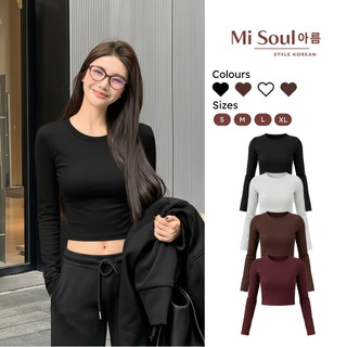  Áo Croptop Nữ Tay Dài Cổ Tròn Ôm Body MiSoul Chất Cotton Co Giãn Áo Thun Trơn Dáng Ngắn Dài Tay Croptop Fit Body 474 
