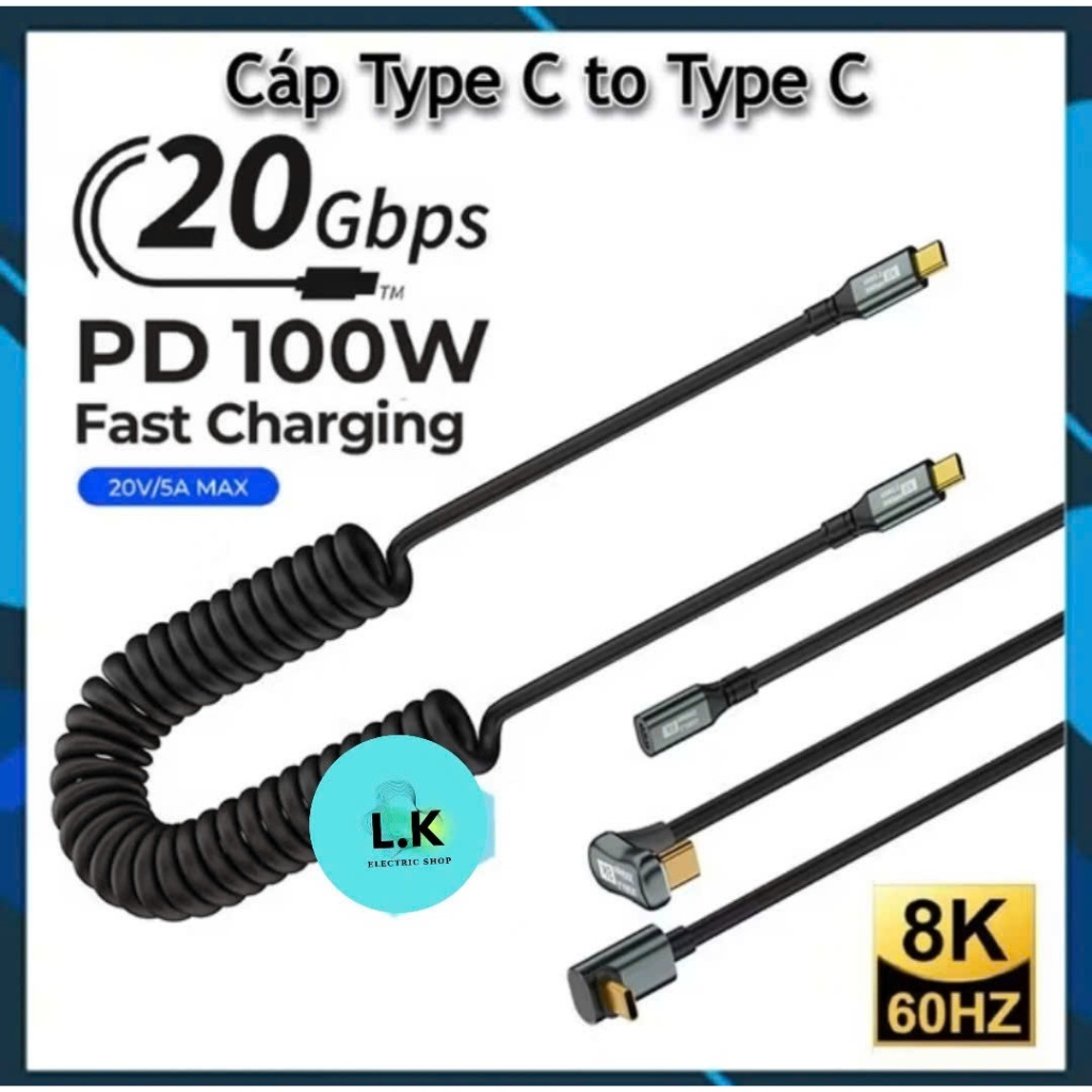 [ 20Gbps ] Dây Cáp Lò Xo Sạc Nhanh PD 100W USB Type C 3.2 20Gbps 8K 60Hz 4K 120hz OTG Thunderbolt 3 