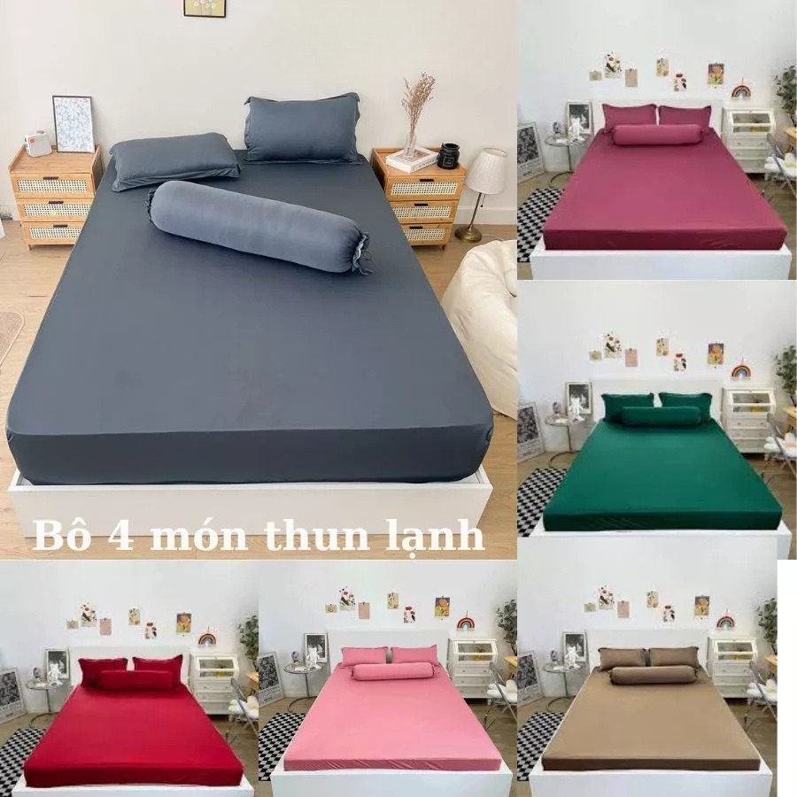 Bộ ga giường thun lạnh trơn Hàn Quốc 4 món vải co giãn 4 chiều gồm 1 ga chun 2 áo gối nằm 1 áo gối ô