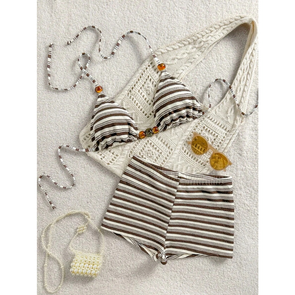 (CÓ SẴN) Set bikini kẻ sọc quần short cạp cao tôn dáng - KÈM ẢNH THẬT