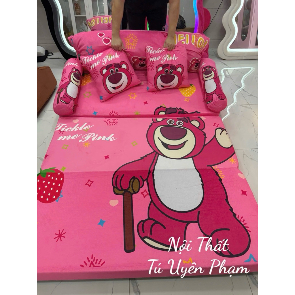 Sofa Nệm Gấp Hình Gấu Dâu Màu Hồng - Mở Ra Thành Nệm Siêu Êm HÀNG LOẠI 1
