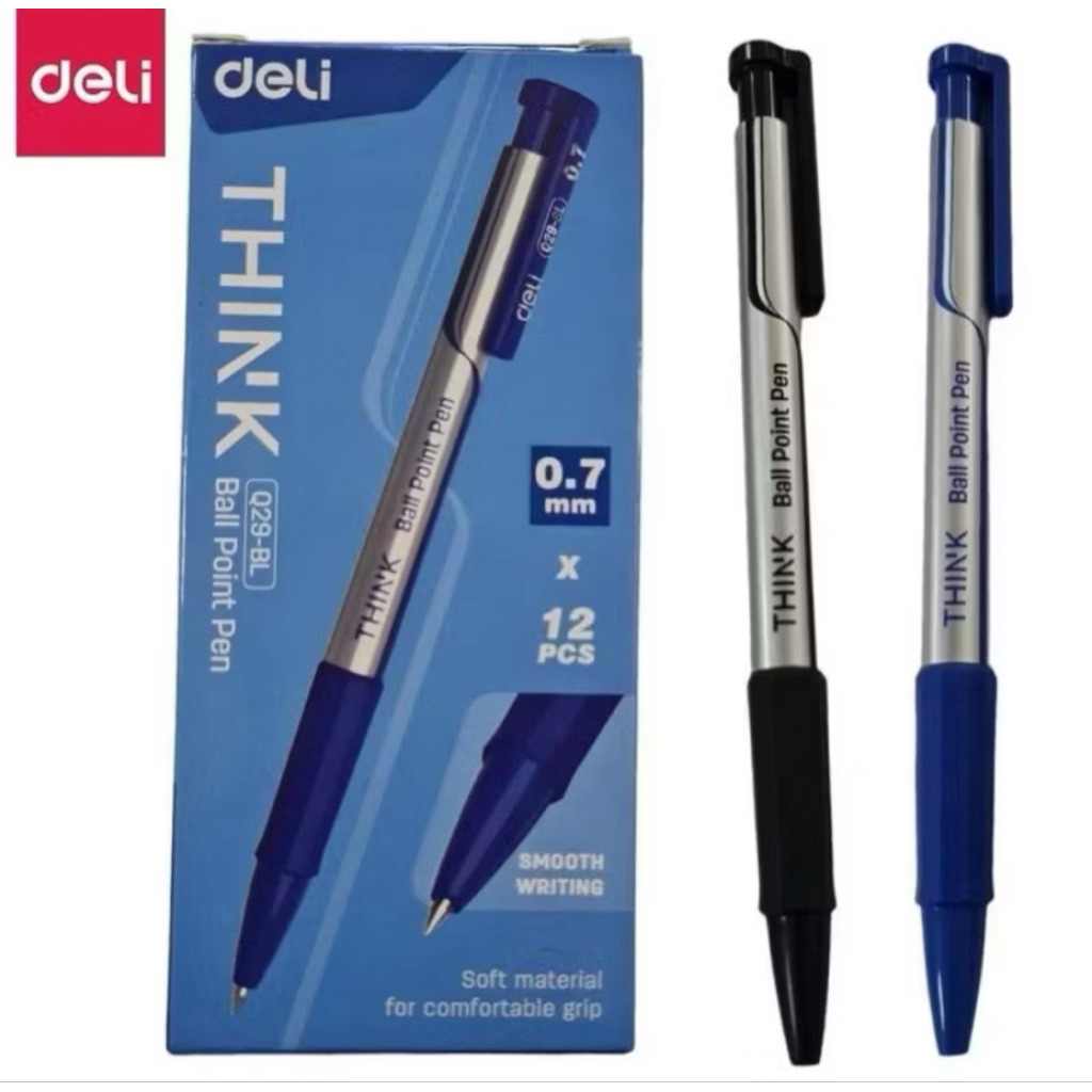 Hộp 12 chiếc Bút Bi Think 0.7 mm - Deli CQ29-BL - Mực Xanh, Đen,Đỏ