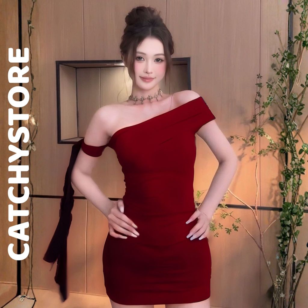 Đầm body nữ dáng ngắn thiết kế trễ vai thắt nơ bên hông tay đi tiệc sáng chảnh gợi cảm CATCHYSTORE | BigBuy360 - bigbuy360.vn