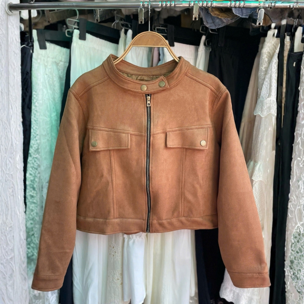 (Ảnh thật) Áo khoác da lộn dáng lửng, áo khoác cổ tàu kéo Renee Store - AK105