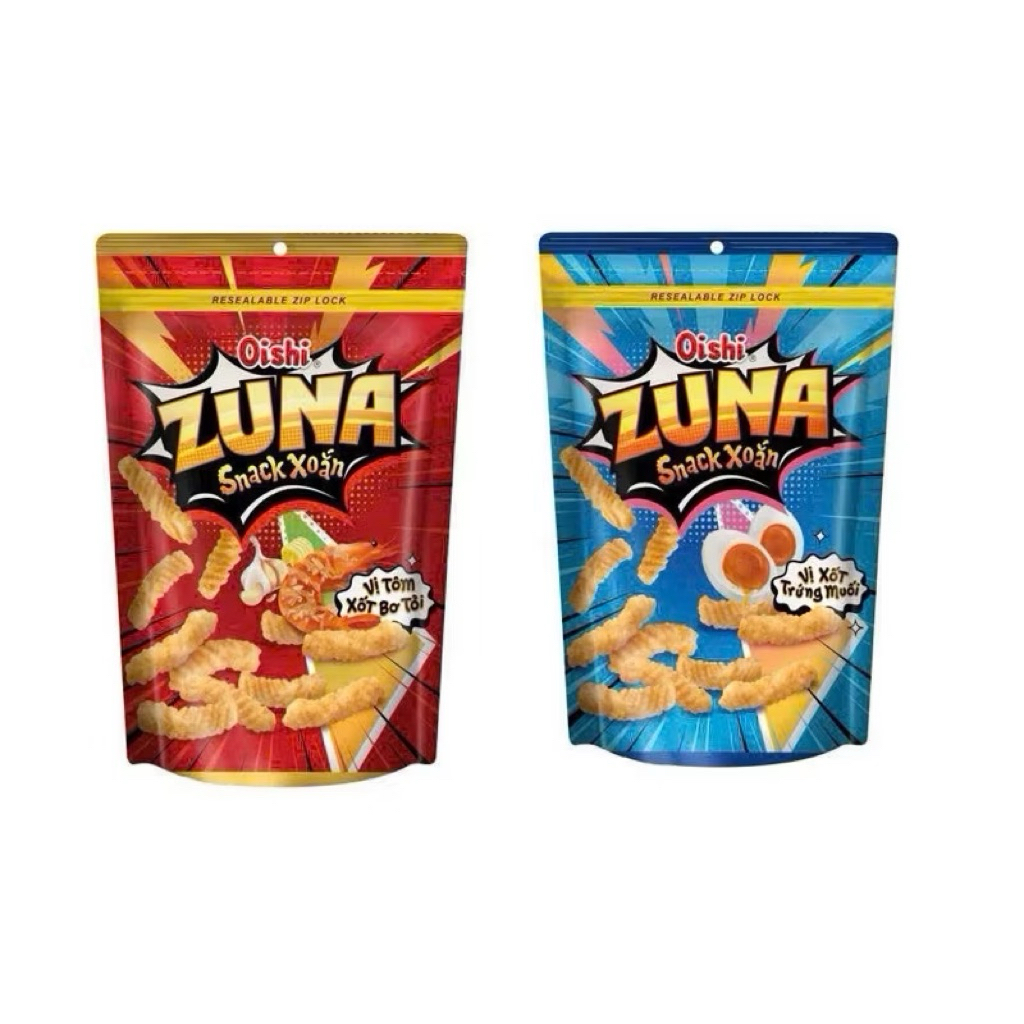 5 gói Snack Xoắn Zuna Oishi xốt Trứng Muối, xốt Bơ Tỏi,bim oishi các vị tôm cay nồng,đậu xanh,xốt tư