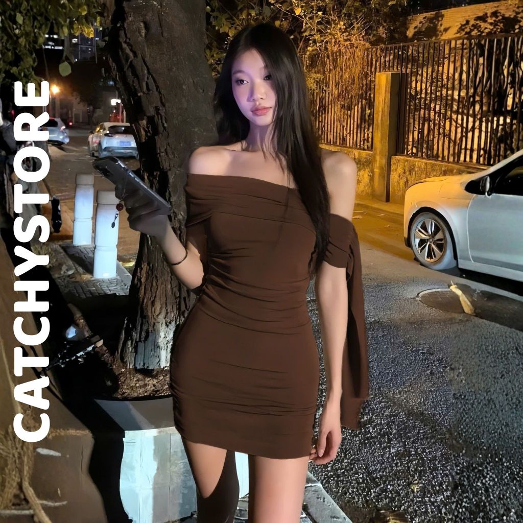 Đầm body nữ dáng ngắn thiết kế trễ vai thắt nơ bên hông tay đi tiệc sáng chảnh gợi cảm CATCHYSTORE | BigBuy360 - bigbuy360.vn