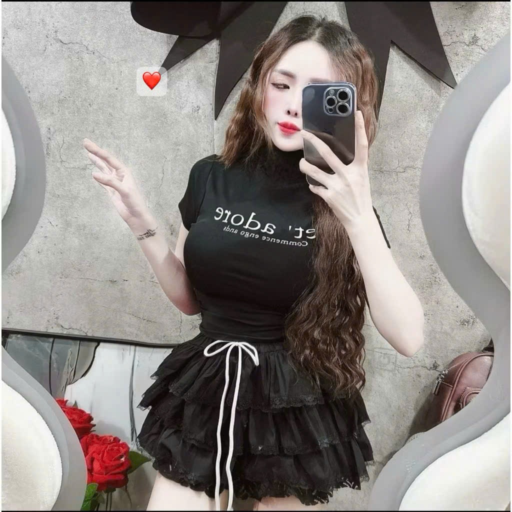 Áo thun nữ cổ lọ tay ngắn nhún 2 bên eo trước in chữ jet croptop