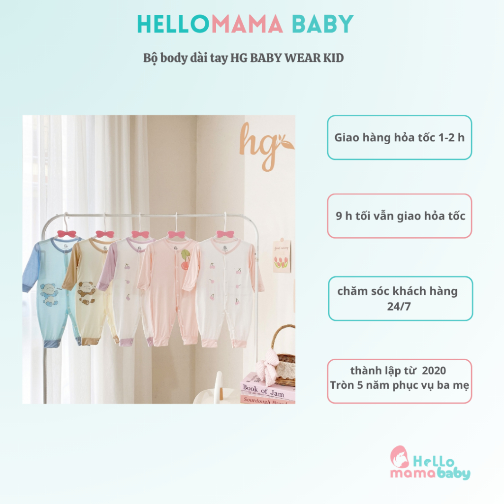 Bộ body dài tay HG BABY WEAR KID MÀU GẤU TRÚC, CHERRY chất petit in họa tiết nền màu ngộ nghĩnh cho 