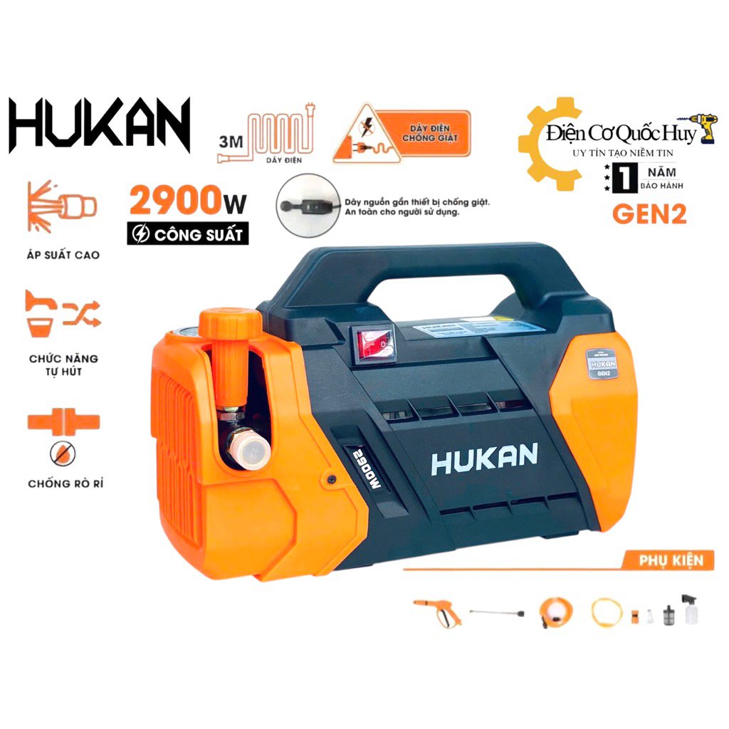 Máy rửa xe Hukan Gen2-R7 lux suất 2900W có chỉnh áp trang bị công tắt chống giật tặng dây 15m