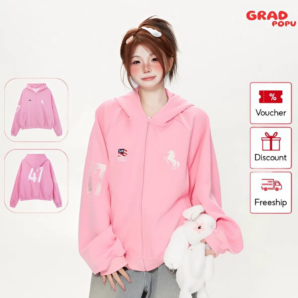 Áo khoác cardigan dopamine kiểu Mỹ GRADPOPU có mũ trùm đầu dáng rộng thời trang thu đông AK203