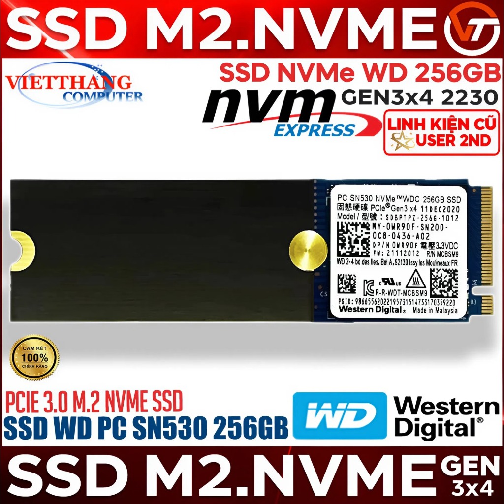 Ổ cứng SSD M2 Nvme Western Digital SN530 256GB Gen3x4 2230 SSD Nvme cũ đã qua sử dụng ( Cũ - 2nd )