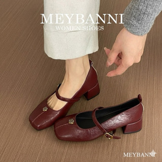  Giày Cao Gót MEYBANNI Mũi Vuông Quai Ngang Đính Khuy Hoa Hồng Vàng Đế Cao 4P - D573 