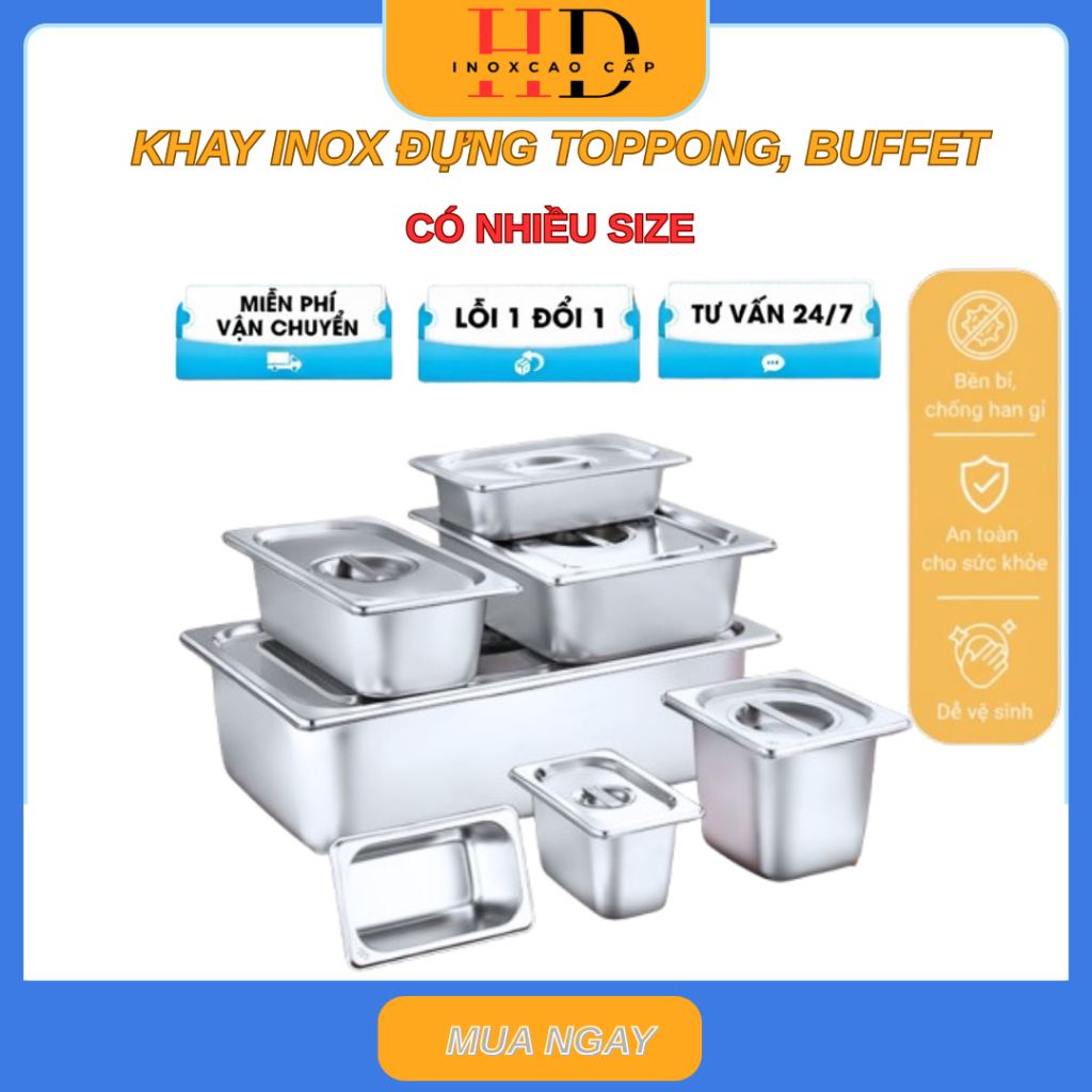 Khay đựng thạch topping trà sữa GN inox có nắp,Khay inox GN thạch trà sữa