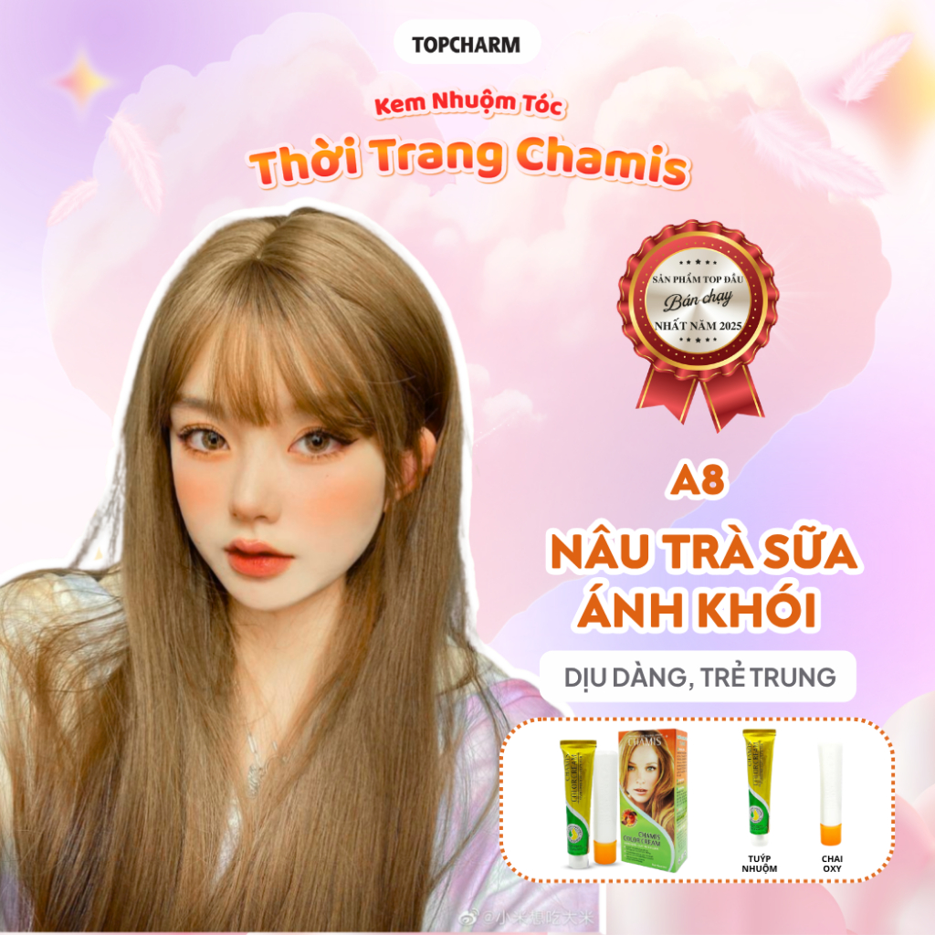 Thuốc nhuộm tóc màu NÂU TRÀ SỮA, không tẩy, tặng bộ dụng cụ và gói siêu dưỡng TOPCHARM–CHAMIS A8