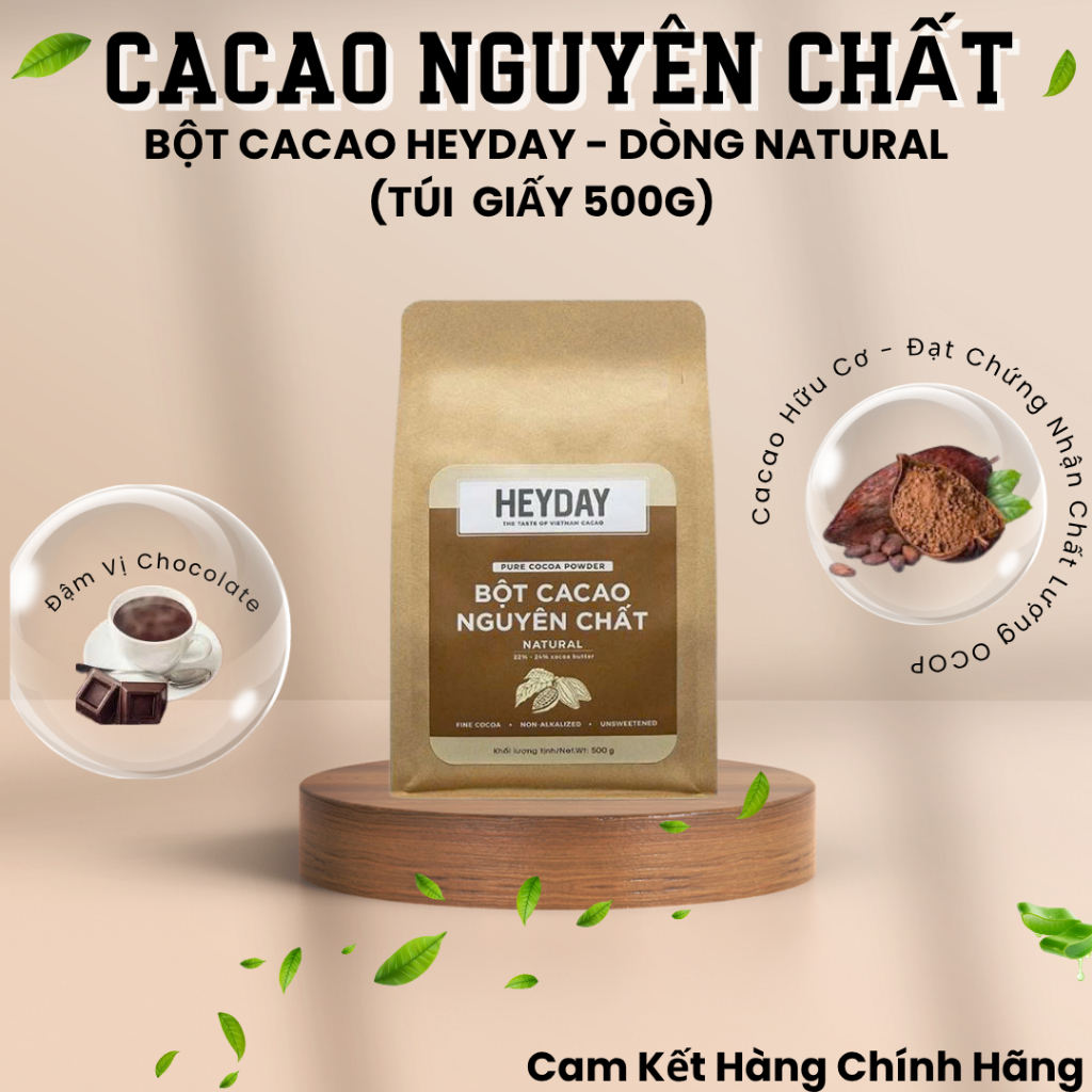 Bột Cacao Nguyên Chất Heyday - Dòng Natural Không Kiềm Hóa (túi giấy 225g, 500g)