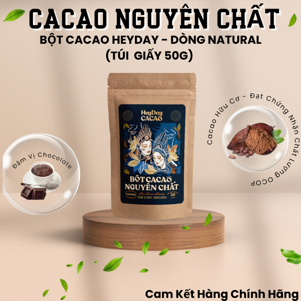 Bột Cacao Nguyên Chất Heyday - Dòng Natural Không Kiềm Hóa (túi giấy 50g)