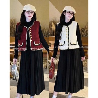  Hót Trent Bầu Sét Váy- Áo Gile Dạ Nhung Khuy Vàng Phối Viền Thừng + Váy Liền Len Tăm Phối Dập Ly  Áo 2 lớp đứng Fom  