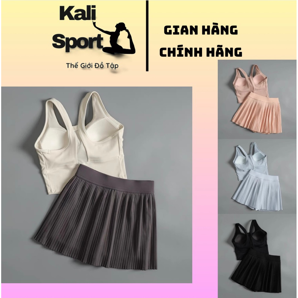 [ORDER] KALI SPORT Set Đồ Tập Thể Thao Tenis Cầu Lông Pickleball Nữ Áo Ba Lỗ Và Chân Váy Ngắn Xếp Ly