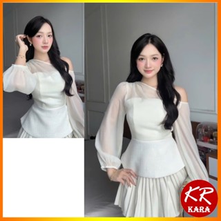   QC loại 1  Áo Trễ Vai Nữ Áo Lệch Vai Nữ Dài Tay Vải Tweed Phối Tơ Ánh KARA 573 