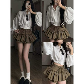  Set Áo Sơ Mi Dáng Croptop Tay Bồng Chun Eo Kèm Chân Váy Dáng Xoè Tầng Siêu Xinh LOSY.STORE 