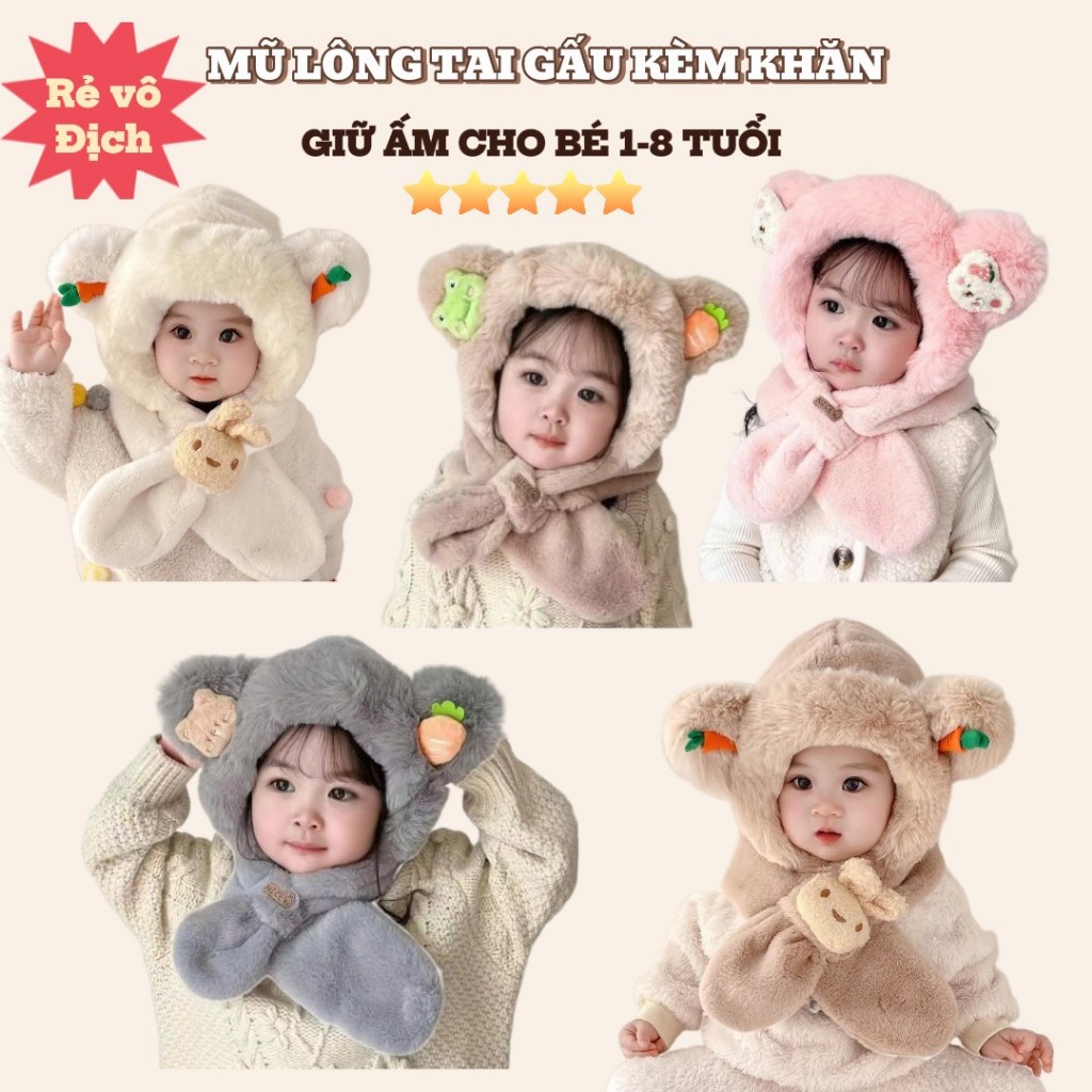  M90 Mũ len chùm đầu lông cừu cho trẻ em Nón lông tai gấu trùm đầu kèm khăn giữ ấm cho bé 2-10 tuổi 