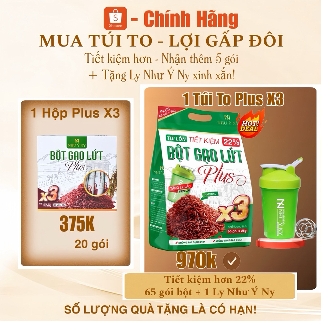 [Mua Túi To Siêu Tiết Kiệm] Bột Gạo Lứt Plus - X3 Như Ý NY kèm LY, tặng dây đo