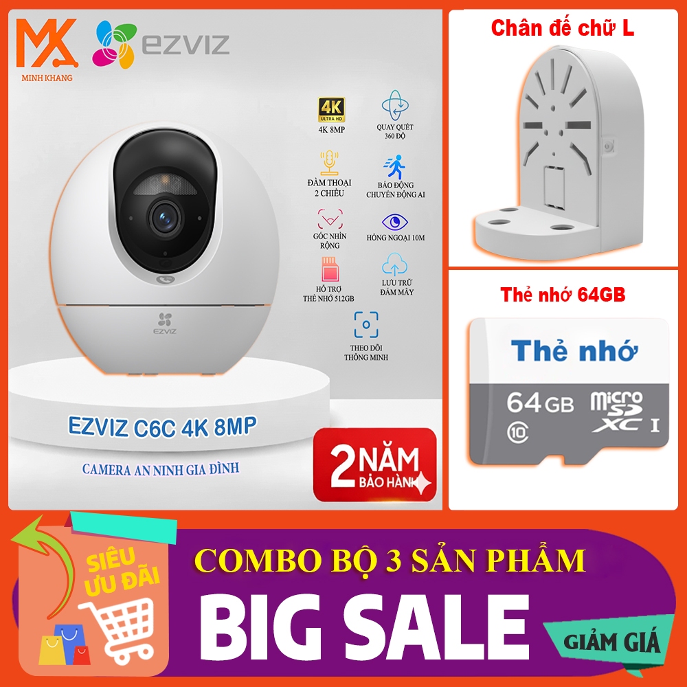 [Combo Chính Hãng Tiện Lợi] EZVIZ C6C 4K – Camera Wi-Fi Trong Nhà Quay Quét Thông Minh + Đế L + Thẻ 