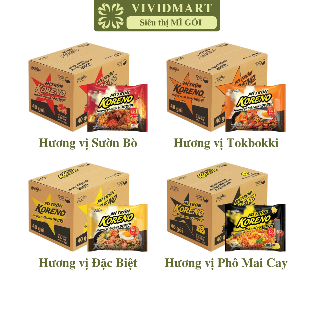 THÙNG 40 GÓI - PALDO - Mì trộn Koreno 4 vị: Tokbokki, Sườn bò, Đặc biệt, Phô mai cay, Mì Koreno trộn