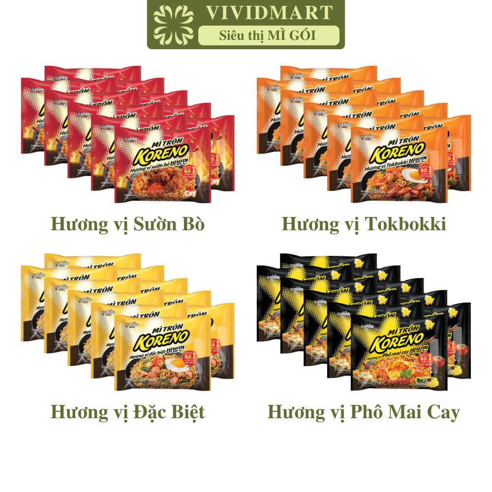 [SET 10 GÓI] - PALDO - Mì trộn Koreno 4 vị: Tokbokki, Sườn bò, Đặc biệt, Phô mai cay, Mì Koreno trộn