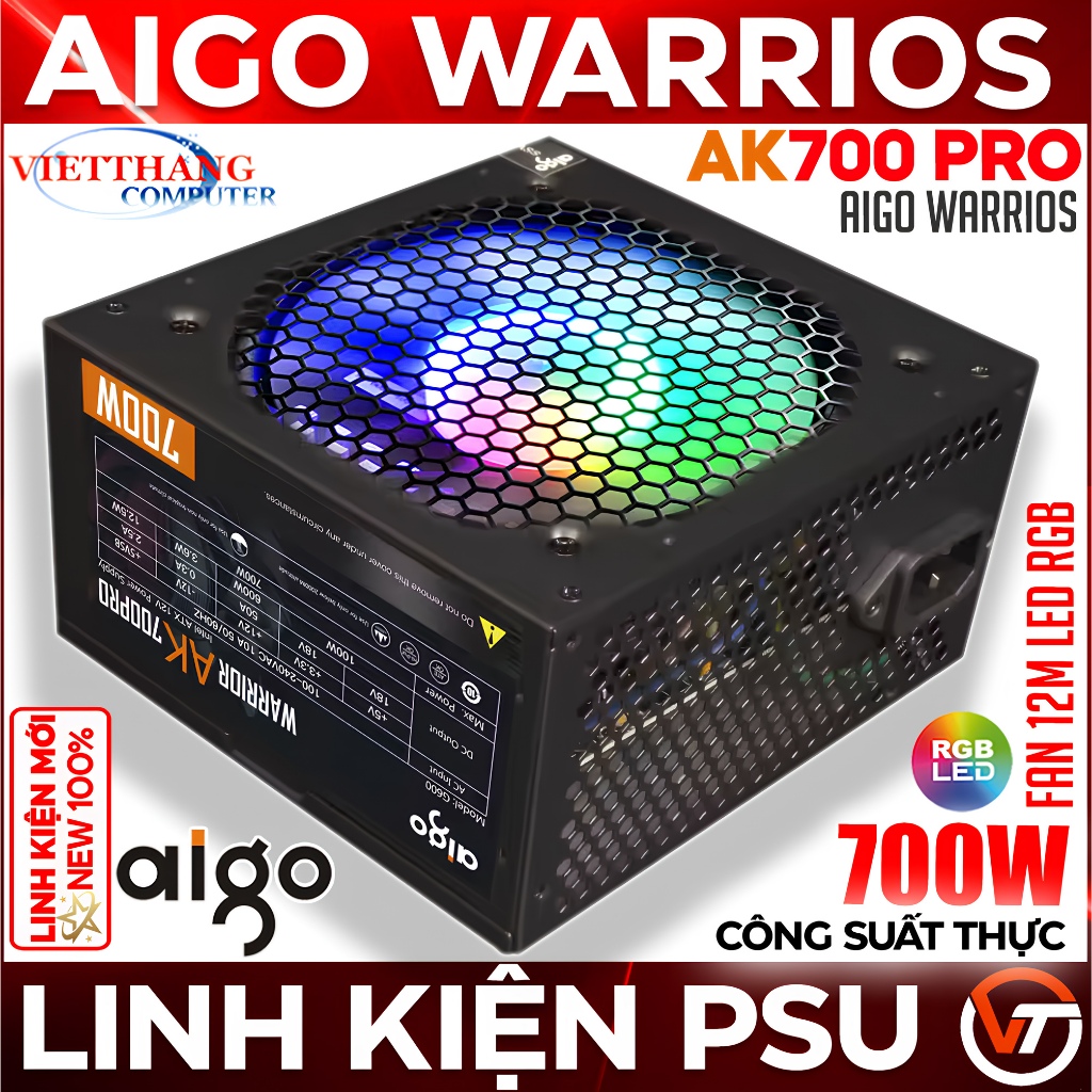 Nguồn máy tính Công suất thực Aigo Warrios AK700 Pro - Active PFC - Hiệu suất 80% New 100% NoBox
