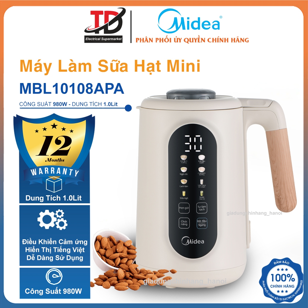 Máy Làm Sữa Hạt Midea MBL10108APA, 1.0Lit - 980w, 8 Chế Độ Xay Nấu, Hàng Chính Hãng