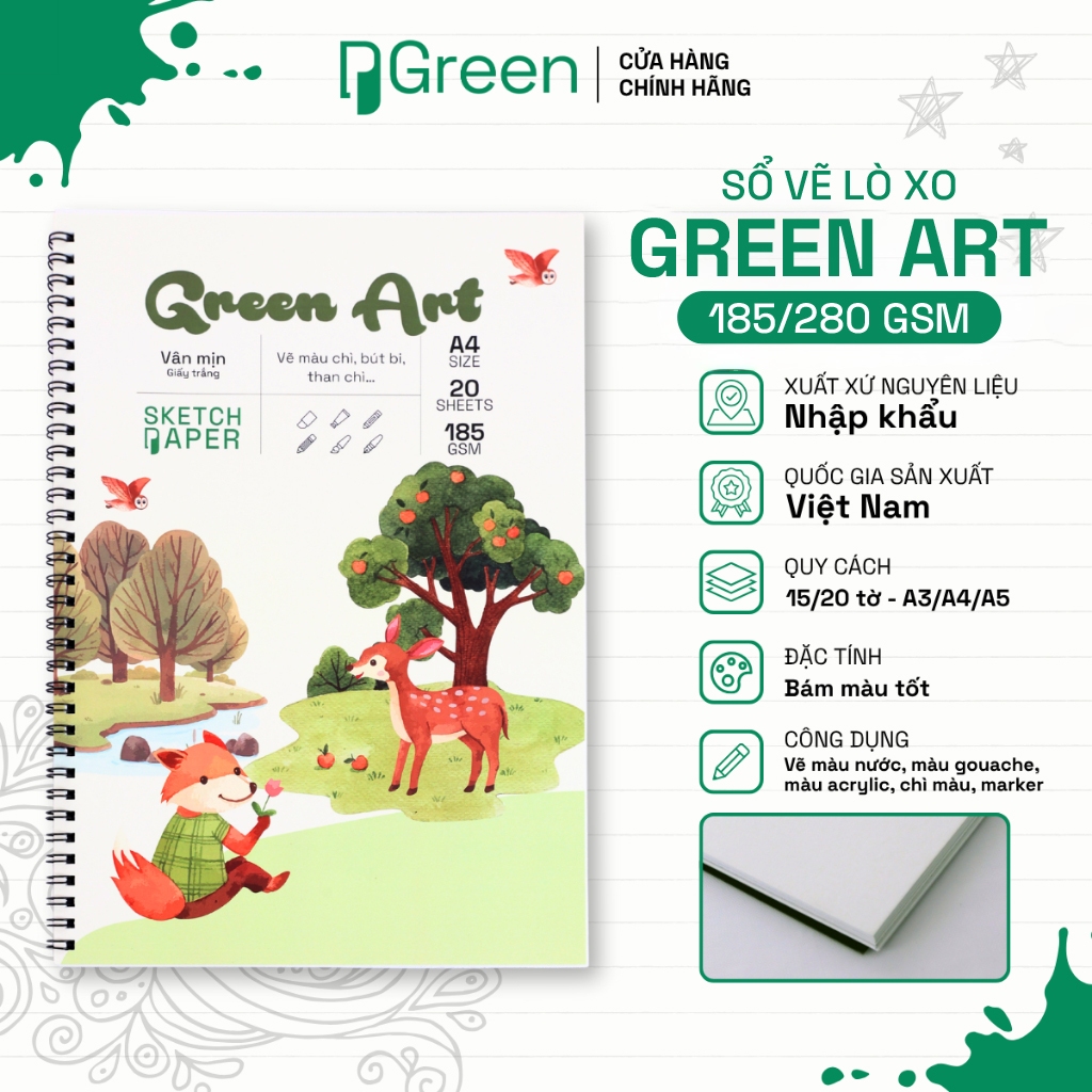 Sổ Vẽ Lò Xo Green Art 185gsm - H White - Giấy vẽ trắng vân mịn - Dành cho học sinh | PGREEN