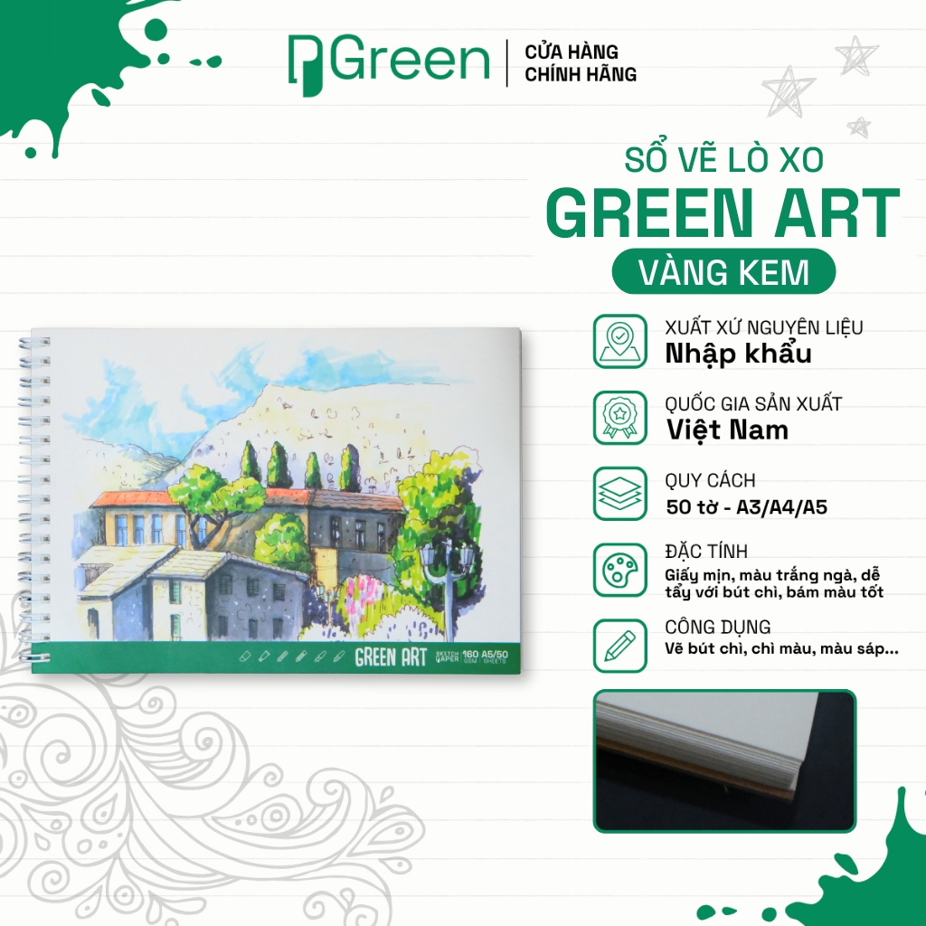 Sổ Vẽ Lò xo  Green Art ( Vàng kem) - 160gsm - Màu vàng kem tự nhiên vân mịn | PGREEN