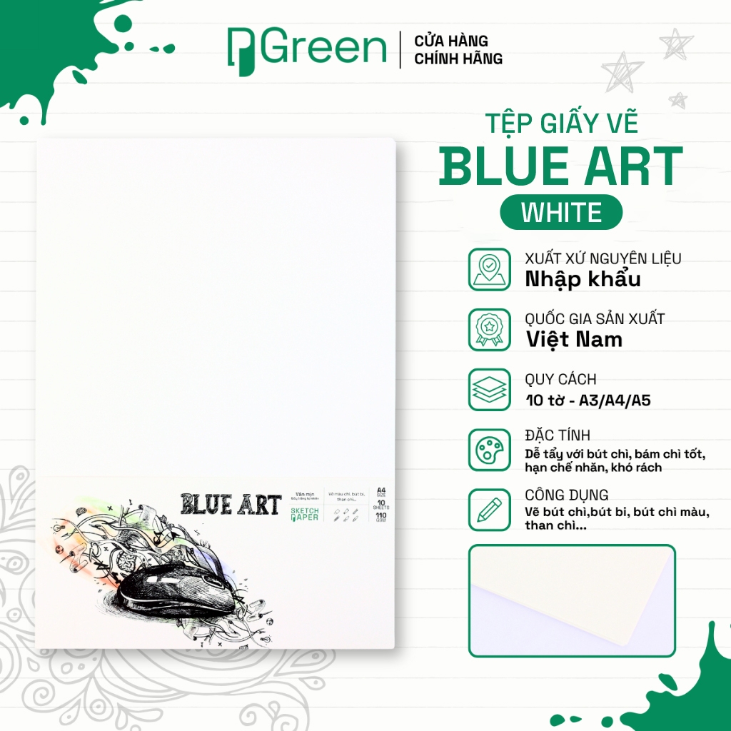 Tệp Giấy Vẽ Blue Art White - (Sketch paper) 110gsm - Size Giấy A3 A4 A5 - Giấy trắng tự nhiên vân mị