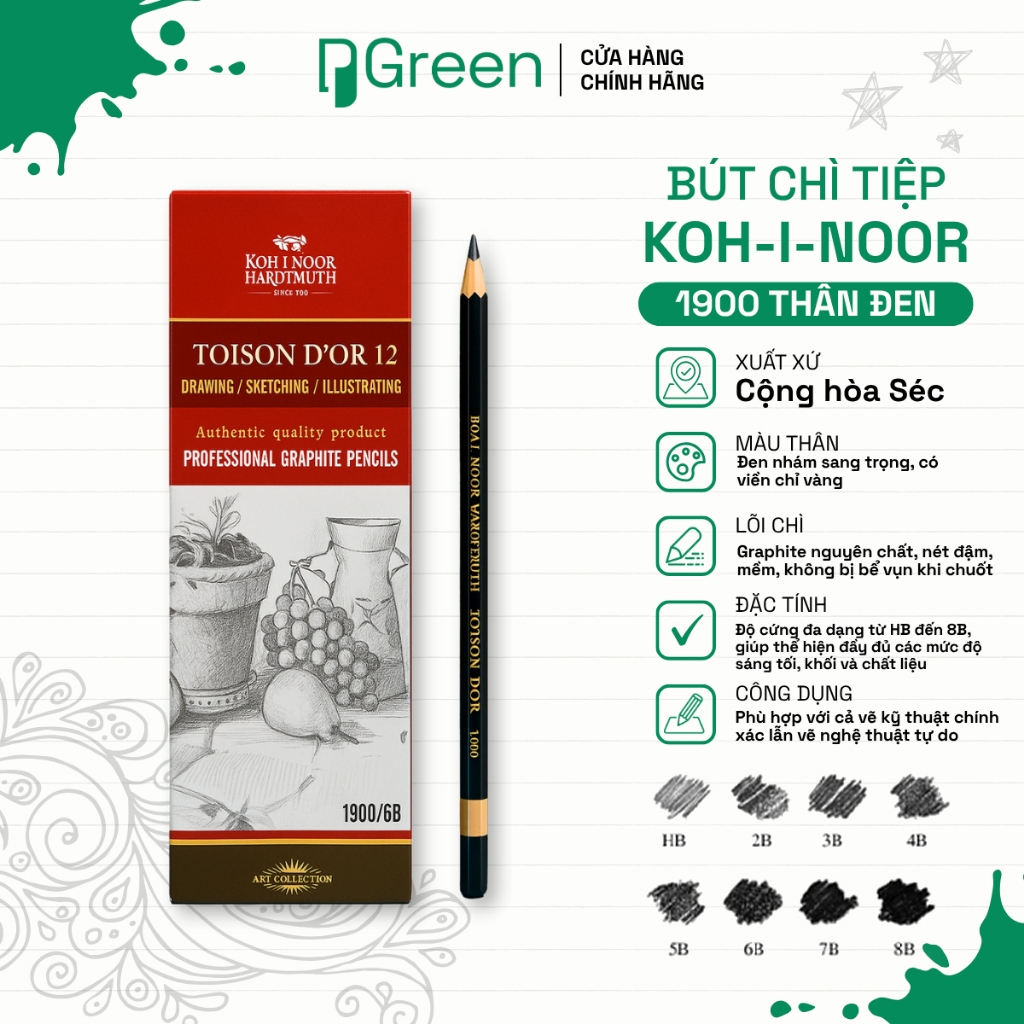 Bút Chì KOH-I-NOOR 1900 Thân Đen – Đa Dạng Độ B – Vẽ Mỹ Thuật, Tô Bóng, Viết Mượt | PGREEN