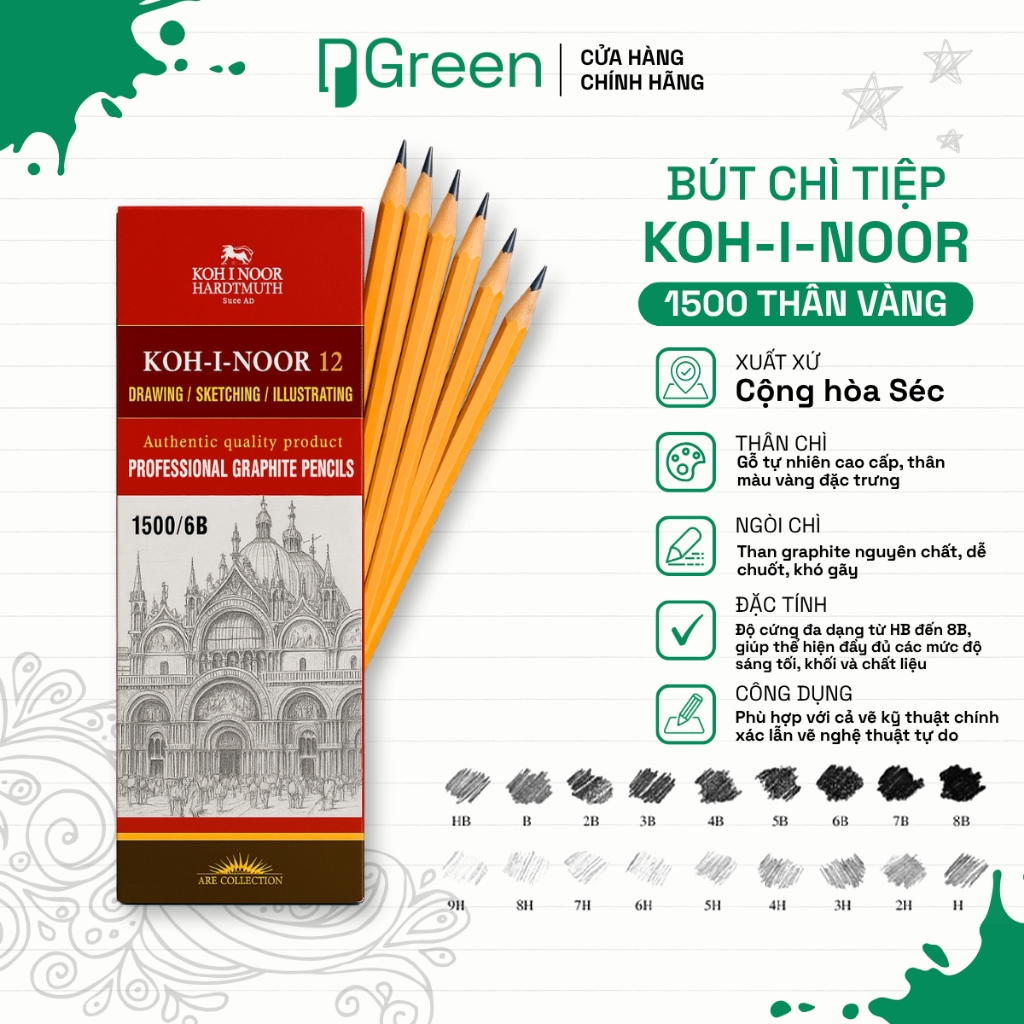 Bút Chì KOH-I-NOOR 1500 Thân Vàng - Nhiều Độ Cứng Mềm - Vẽ Kỹ Thuật & Mỹ Thuật | PGREEN