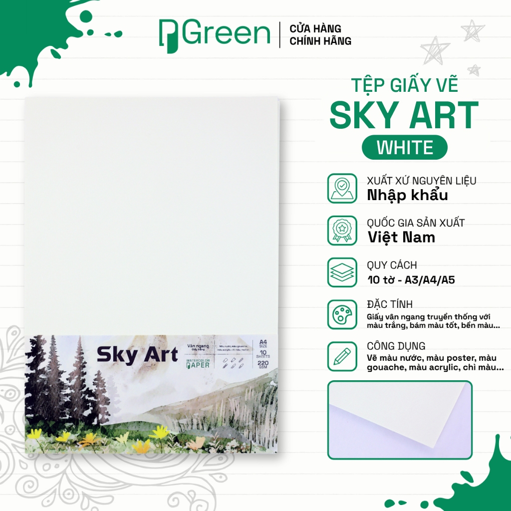 Tệp Giấy vẽ Sky Art - White 220gsm - Giấy trắng vân ngang - Giấy vẽ trang trí màu | PGREEN